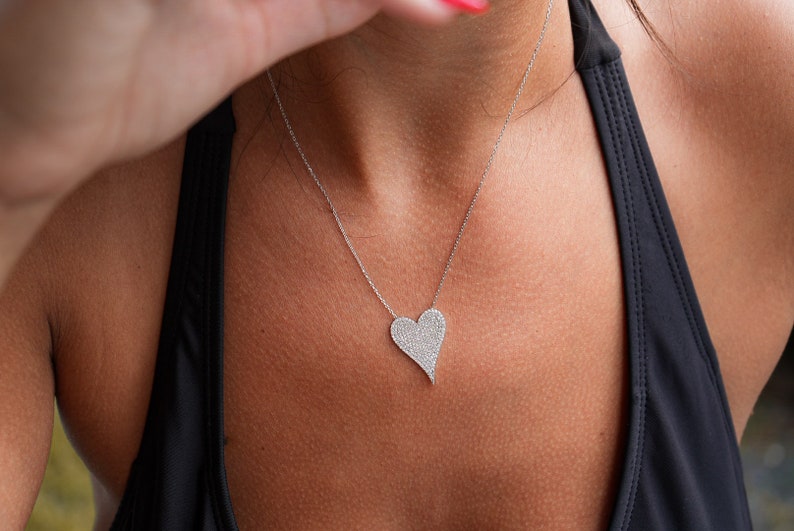 Pave Heart Necklace, Elongated Heart Necklace Mom, Pave Diamond Heart Pendant, Small Large Heart Necklace Layered image 3