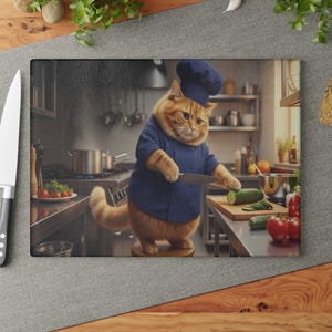 Chef Cat Tempered Glass Cutting Board | Unique Kitchen Decor