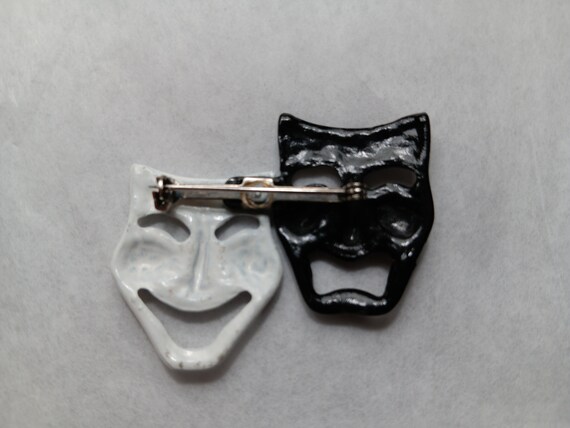 Vintage comedy tragedy brooch enamel black and wh… - image 5