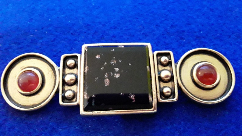 Ben-Amun Brooch Obsidian Black and Gold with Carnelian Cabochons Etruscan Design Ben-Amun Signed