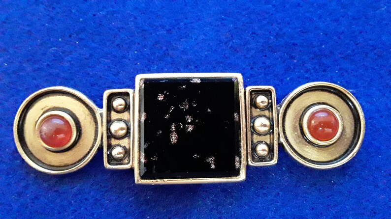 Ben-Amun Brooch Obsidian Black and Gold with Carnelian Cabochons Etruscan Design Ben-Amun Signed