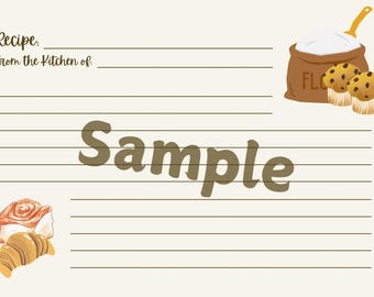 Puede incluir: Una tarjeta de receta imprimible con un borde marrón y papel rayado. La tarjeta tiene las palabras "Receta" y "de la cocina de" en la parte superior. La tarjeta también tiene un texto de muestra que dice "Ejemplo". La tarjeta tiene una bolsa marrón de harina con una pala en la parte superior y dos magdalenas marrones con glaseado amarillo en el lado derecho. La tarjeta tiene un croissant marrón y un rollo de canela marrón en el lado izquierdo.