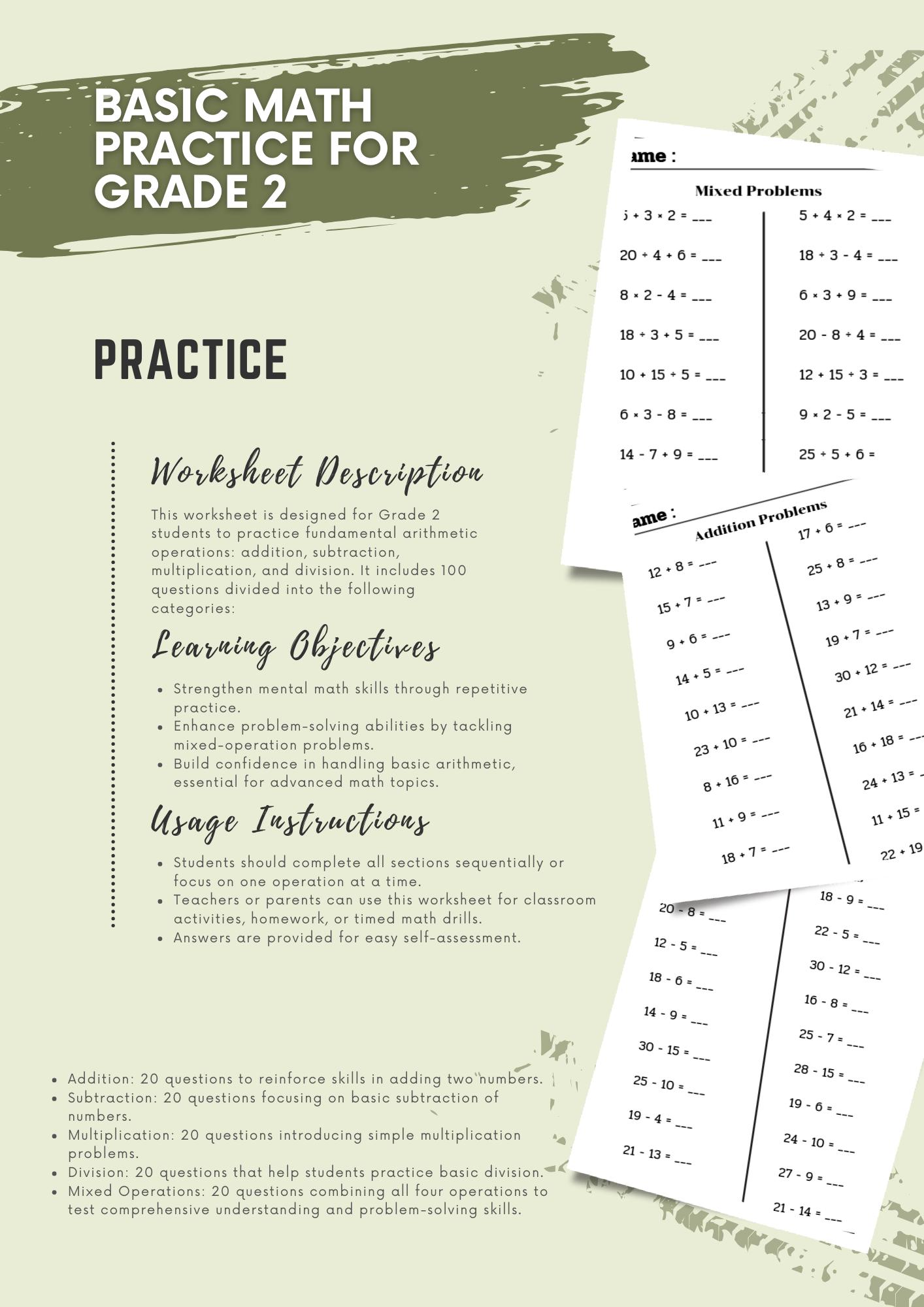 Basic Math Practice Page Basic Math Practice for Grade 2 - Etsy