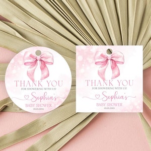 Editable Pink Bow Thank You Favor Tags Circle Square Baby Shower Party Coquette Bow Girl Elegant Modern Baby Shower Gift Tags Printable Tags