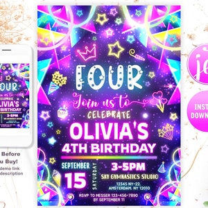 Invitación de cuarto cumpleaños para niña, tema de arcoíris de neón rosa brillante, invitación de cuatro cumpleaños para niña, globos, galletas, fuegos artificiales, estrellas, cuarto cumpleaños