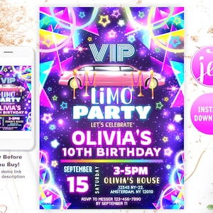 Limo Party Birthday Invitation, Girl VIP Limousine Birthday Invite, Glow Neon Colorful Rainbow VIP Birthday for Girl, Pink VIP Limousine