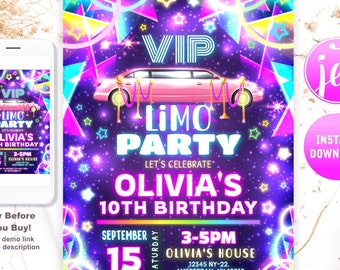Limo Party Birthday Invitation, Girl VIP Limousine Birthday Invite, Glow Neon Colorful Rainbow VIP Birthday for Girl, Pink VIP Limousine