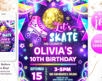 Editable Roller Skating Birthday Invitation, Girl  Disco Birthday Invite, Glow Neon Dance Party Invite, Skate Rainbow Glow Roller Skating