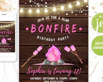 Backyard Bonfire Girl Birthday Invitation Pink, Bonfire Evite Camping Party Bonfire Board Wood Backyard BBQ Teen Invitation Editable Digital
