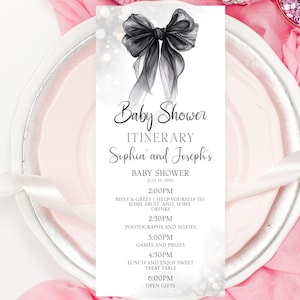 Redigerbara kort med svart rosett för resplaner för babyshowerfest, brunchresplan för kokettrosett, svart brunchresplan för elegant modern svart resplan