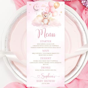 Editable Pink Bear Menu Cards Baby Shower Party Brunch, Dinner, Bear Girl Brunch Menu Elegant Modern Menu Custom Food card for table Bear