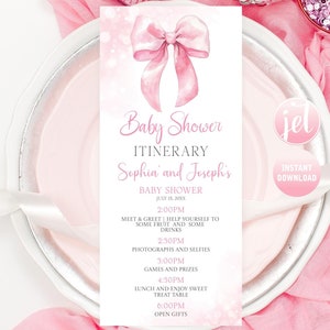 Bewerkbare roze strik routekaarten babyshower feestbrunch, reisroute coquette strik meisje brunch route elegante moderne routekaart 4 x 9