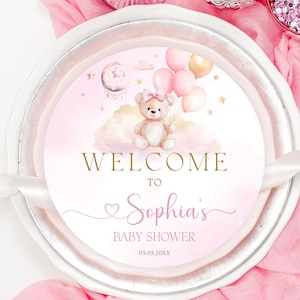 May include: A round, pink baby shower invitation with a teddy bear, balloons, and the text "Welcome to Sophia's Baby Shower." The design includes a moon, stars, and clouds. The invitation is on a white plate with a pink ribbon.