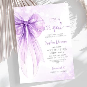 Editable Purple Bow Baby Shower Invitation, Baby Girl Baby Shower, Coquette Bow Purple Girl Shower Invitation, Elegant Modern Purple Shower
