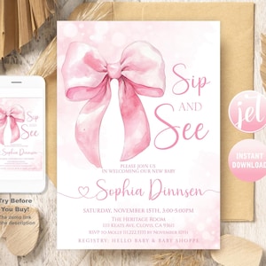 Op de afbeelding: Roze baby shower uitnodiging met een aquarel strik en de tekst "Sip and See" en "Sophia Dinnsen". De uitnodiging bevat de datum, tijd en locatie van het evenement. De tekst "Direct downloaden" is ook inbegrepen.
