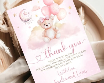 Editable Bear Balloon Pink Thank You Card Baby Shower Thank You Card Bear Girl Elegant Pink Thank You Card Birthday We can Bearly Wait