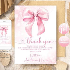 Tarjeta de agradecimiento con lazo rosa editable Tarjeta de agradecimiento para baby shower Tarjeta de agradecimiento para niña con lazo coqueto Tarjeta de agradecimiento elegante y moderna en rosa Tarjeta de cumpleaños para niña