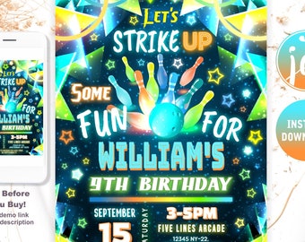 Invitación para fiesta de cumpleaños de niño jugando a los bolos, invitación para fiesta de bolos para niño con temática de fiesta con brillo neón azul, ¡Vamos a divertirnos jugando a los bolos azules para niños!