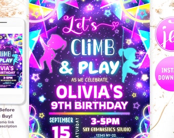 Editable Climbing Birthday Invitation, Rock Climbing Birthday Party Glow Neon Girls Rock Wall Birthday Kids Climbing Gym Rainbow Rock Party
