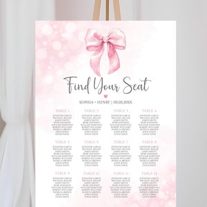 Bewerkbaar bord met roze strik Vind je stoel, bord met strikcoquette zitplaatsen, stoel met strikje Blush roze meisje babyshower bord plattegrond