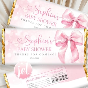 Editable Pink Bow Chocolate Bar Wrapper Template, Coquette Bow Girl Elegant Candy Bar Wrapper Template Birthday Candy Bar Wrapper Template