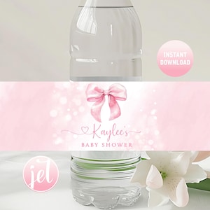 Editable Pink Bow Water Bottle Label Baby Shower Water Bottle Label Girl Coquette Bow Elegant Modern Pink Water Bottle Label Birthday Girl