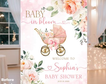 Bewerkbaar baby in bloei babyshower welkomstbord, strik kinderwagen roze meisje wilde bloemen pioenrozen poster bloemen sjabloon lentebloemen roos teken