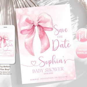 Bearbeitbare rosa Schleife Speichern Sie die Datums-Babyparty-Einladung, speichern Sie die Datums-Bogen-Mädchen Kokette Bogen-Mädchen speichern die Datums-Einladung elegantes modernes