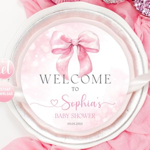 Inserto de plato de carga con lazo rosa editable Inserto de plato de carga con lazo rosa elegante y moderno para la cena de recepción de baby shower de niña