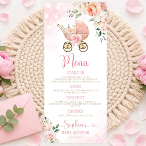 Edytowalne karty menu Baby in Bloom w kolorze różowym, przyjęcie z okazji baby shower, brunch, kolacja, brunch dla dziewczynek z kokardką w róże, eleganckie, nowoczesne menu, karta dań na stół