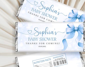 Editable Blue Bow Chocolate Bar Wrapper Template, Coquette Bow Blue Boy Elegant Candy Bar Wrapper Template Baby Shower Candy Bar Wrapper