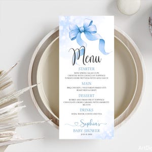 Cartes de menu modifiables avec noeud bleu, brunch de fête de naissance, dîner, menu de brunch coquette avec noeud papillon, menu élégant et moderne, carte de mets personnalisée pour table