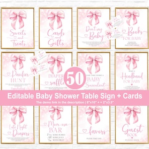 May include: Pink and white baby shower table signs with a pink bow design. The signs include "Sweets and Treats", "Cards and Gifts", "Don't Say Baby", "Books for Baby", "Pacifier Hunt", "Diaper Raffle", "Ease Take Home a Baby Succulent", "Make a Headband for Baby", "Late Night Diapers", "Mom-osa Bar", "Favors", and "Guest Book".