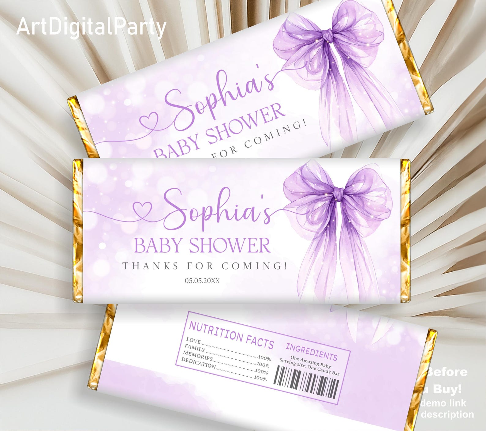 Gift Rapper Violet Editable Purple Bow Chocolate Bar Wrapper Template, Coquette Bow Purple ...
