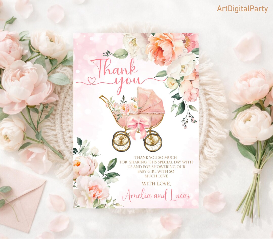 Editable Baby in Bloom Thank You Card Baby Shower Bow Pram Pink Girl ...