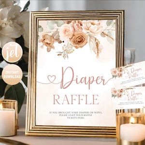 Enseigne et cartes modifiables pour le tirage de couches pour fille Boho, herbe de la pampa, affiche de baby shower bohème, coeur floral bohème, apportez un paquet de couches rose