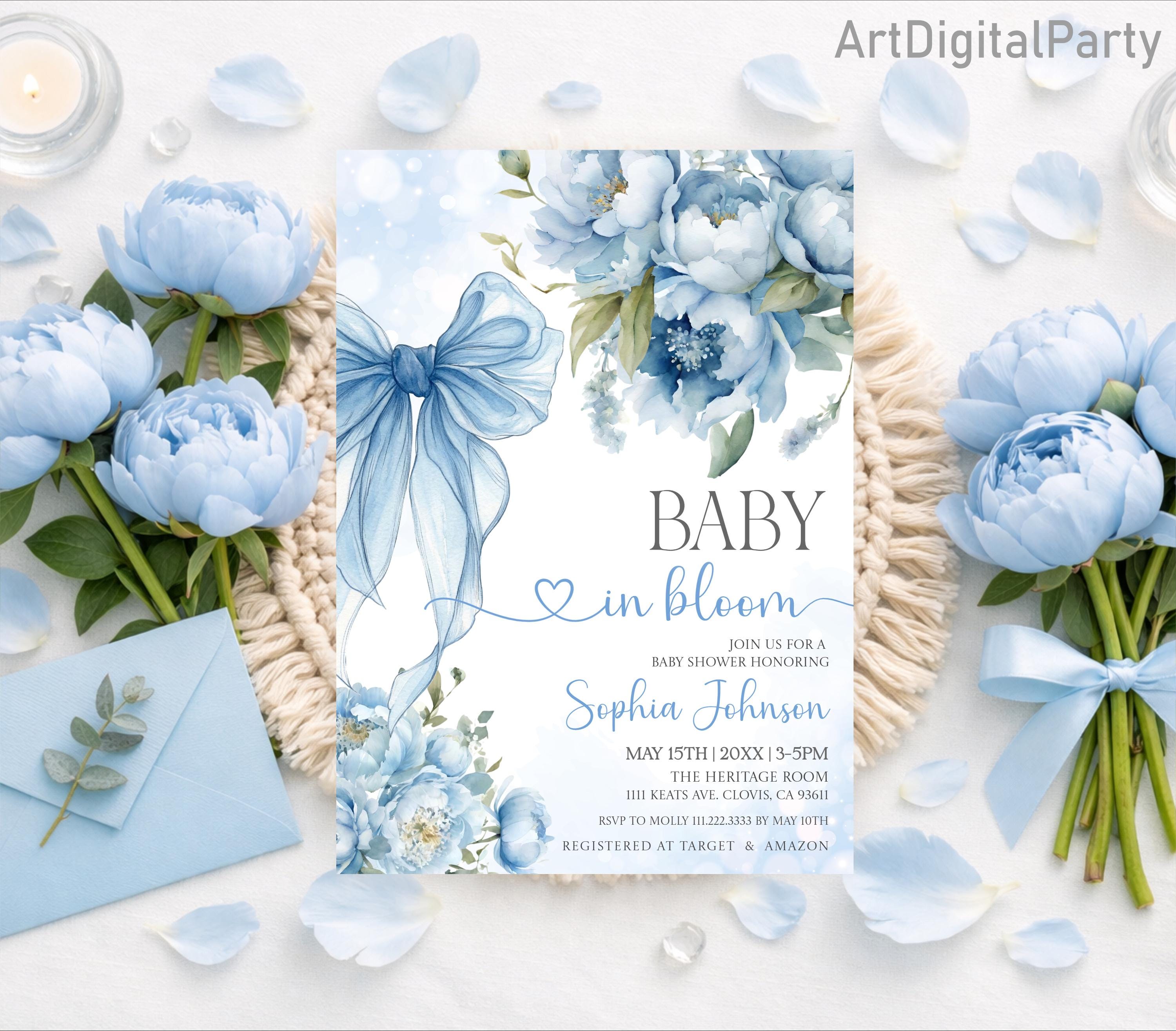 Editable Boy Blue Baby in Bloom Baby Shower Invitation, Bow Blue ...