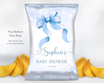 Printable Blue Bow Baby Shower Chip Bag Coquette Bow Boy Elegant Bow Chip Bags Bow Chip Bag Wrapper Template Birthday Favor Bag Wrapper