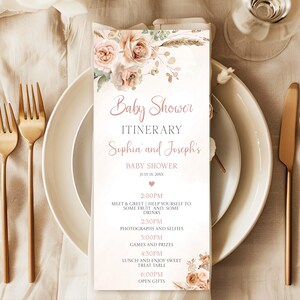 Cartes modifiables d'itinéraire de fille de bohème de baby shower itinéraire de brunch de partie d'herbe de pampa itinéraire de brunch de bohème carte d'itinéraire florale de rose de bohème 4 X 9