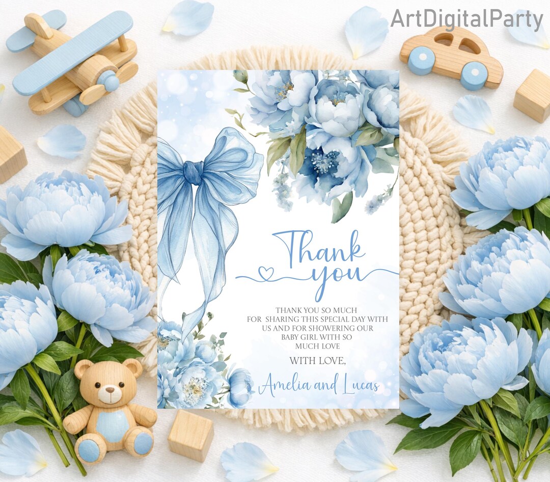 Editable Baby in Bloom Boy Blue Thank You Card Baby Shower Bow Blue ...