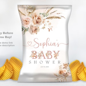 May include: A white chip bag with a floral design and the text "Sophia's Baby Shower July 13, 2000K".