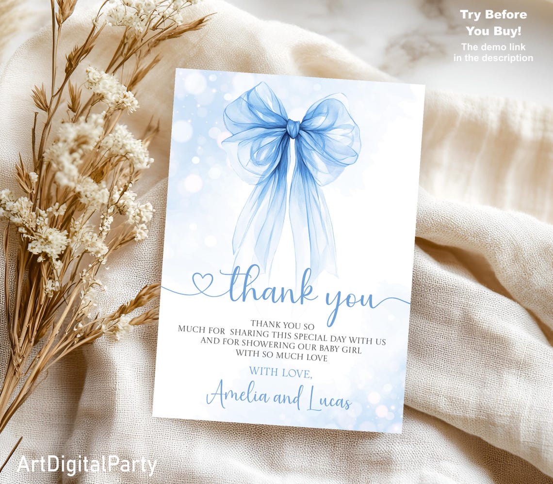 Editable Blue Bow Thank You Card Baby Shower Blue Bow Thank You Card ...