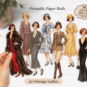 May include: A collection of 30 printable paper dolls featuring vintage-style figures in various outfits, including a fur-trimmed coat, a grey pinstripe suit, a floral dress, and a black evening gown, with text labels indicating 30 images in PNG and JPG.