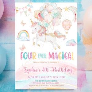 Unicorn 4th Birthday Invitation, Editable Rainbow Template, Magical Party Invite, Four Ever Magical, Unicorn Party, Magical Fourth Birthday