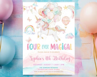Unicorn 4th Birthday Invitation, Editable Rainbow Template, Magical Party Invite, Four Ever Magical, Unicorn Party, Magical Fourth Birthday