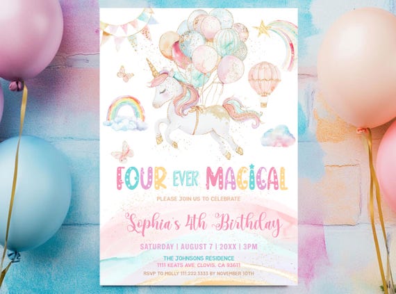 Unicorn 4th Birthday Invitation, Editable Rainbow Template, Magical Party Invite, Four Ever Magical, Unicorn Party, Magical Fourth Birthday
