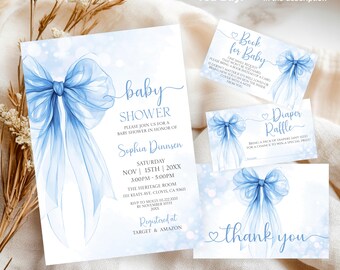 Blue Bow Baby Shower Invitation Set, Elegant Boy Design (Editable Files)