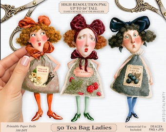 Puede incluir: Tres muñecas de papel digitales con forma de bolsitas de té con lazos, vistiendo vestidos etiquetados como Vanilla Rooibos, Mint & Raspberry y Blueberry Black Tea. El texto dice High-Resolution PNG Up To 16" Tall, Easily Resize To 6" Or Smaller, 50 Tea Bag Ladies, 300 DPI, Commercial Use Included, Images PNG + JPG, y ArtDigitalParty.