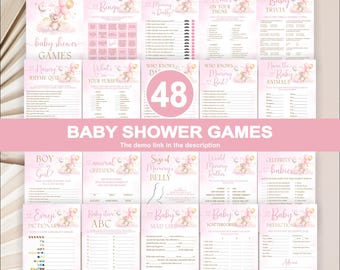 May include: A collection of pink baby shower games with teddy bear and balloon graphics. The games include trivia, bingo, and other activities. The text "Baby Shower Games" is displayed prominently.