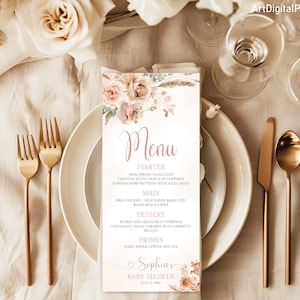 Cartes de menu modifiables pour fille bohème, baby shower, brunch, dîner, herbe de la pampa, menu floral bohème, élégant menu rose, carte de mets personnalisée pour table